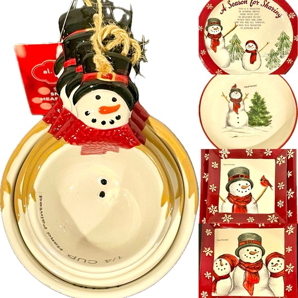 St. Nicholas Square Yuletide snowman 8 pc set NWOT serving platters, bowl, etc